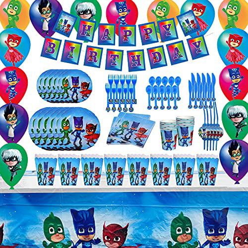 PJ MASKS BIRTHDAY PARTY Table cover Plates Napkins Cups Balloon Masks Sweet Cone